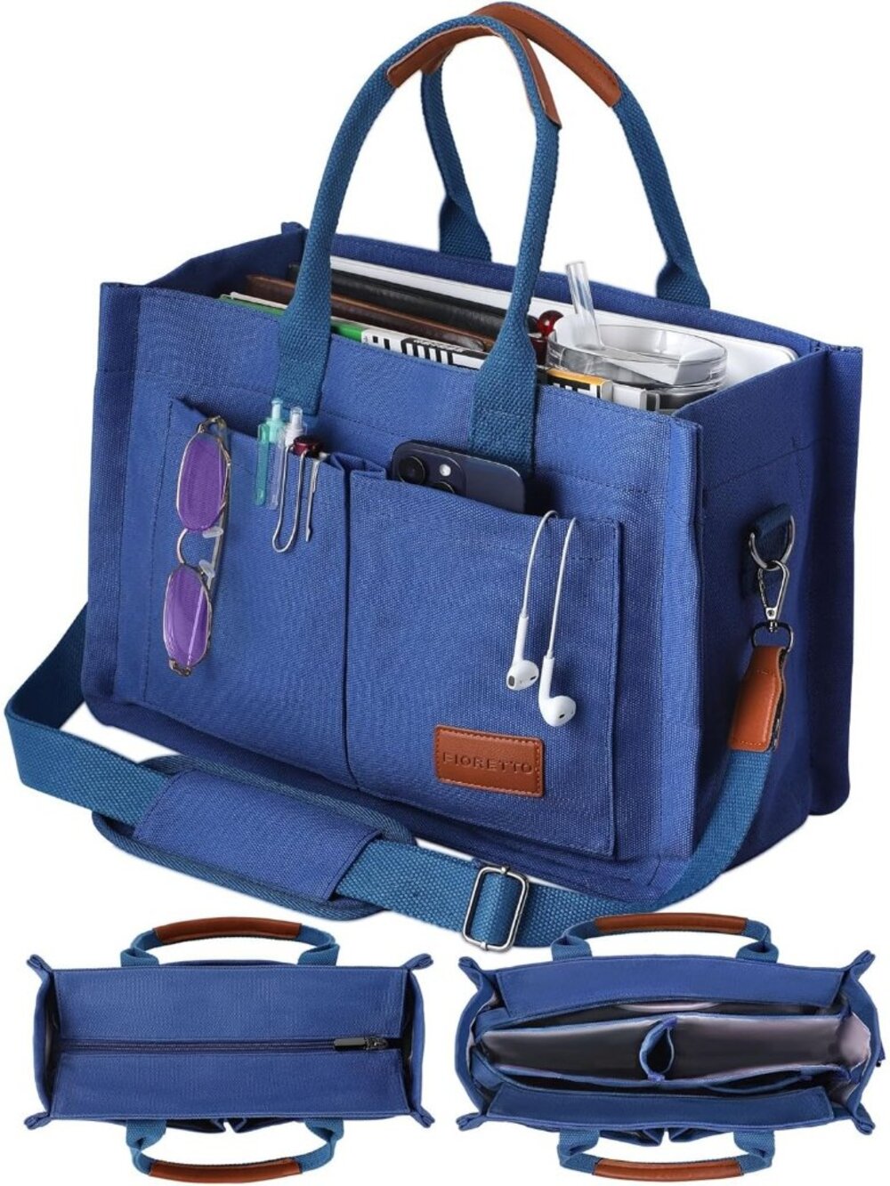 FIORETTO Canvas Women's Dark Blue Tote Zipper Closure & Compartments Pockets Bag